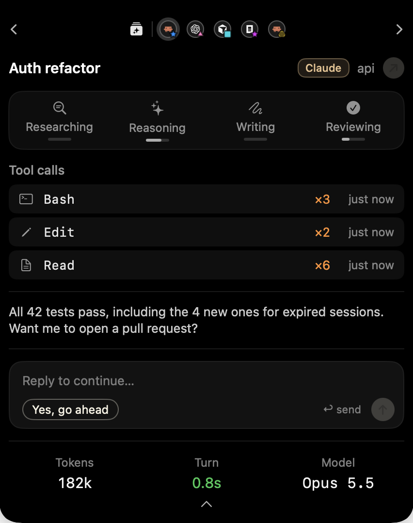 Session detail with phases, tool calls, last message and Reply