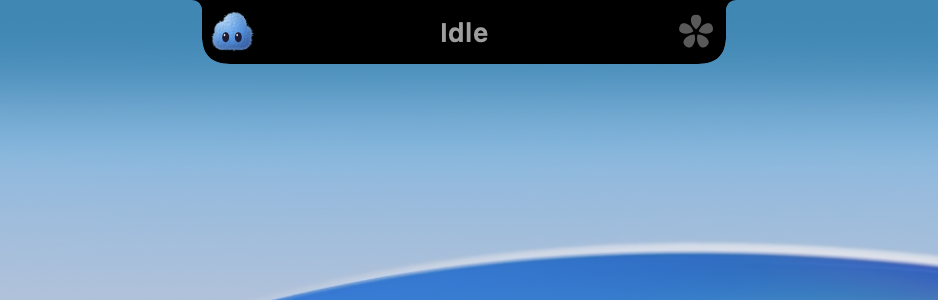 Tiremusu sitting idle in the notch — a cloud mascot and the word Idle on the menu bar